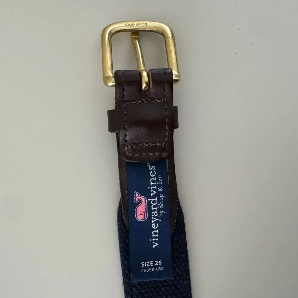 Vineyard Vines Blue Football Print Canvas Leather Belt Size 26 Brass Buckle